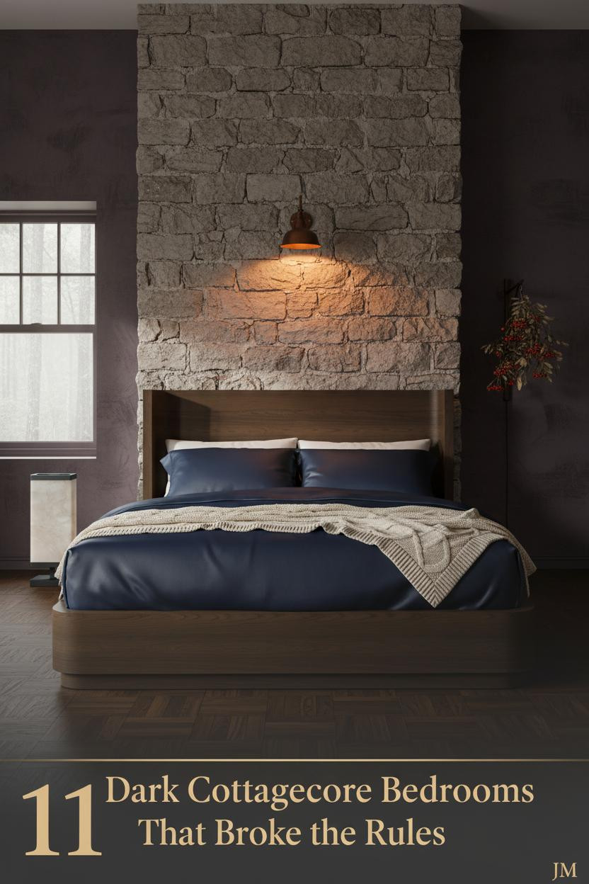 Dark cottagecore bedroom with deep plum walls, limestone chimney breast, navy sateen bedding, cream cable-knit throw, and amber iron sconce lighting