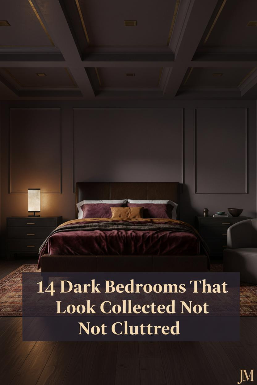 Dark maximalist bedroom with plum coffered ceiling, walnut floors, burgundy velvet bedding, kilim rug, and warm brass floor lamp glow
