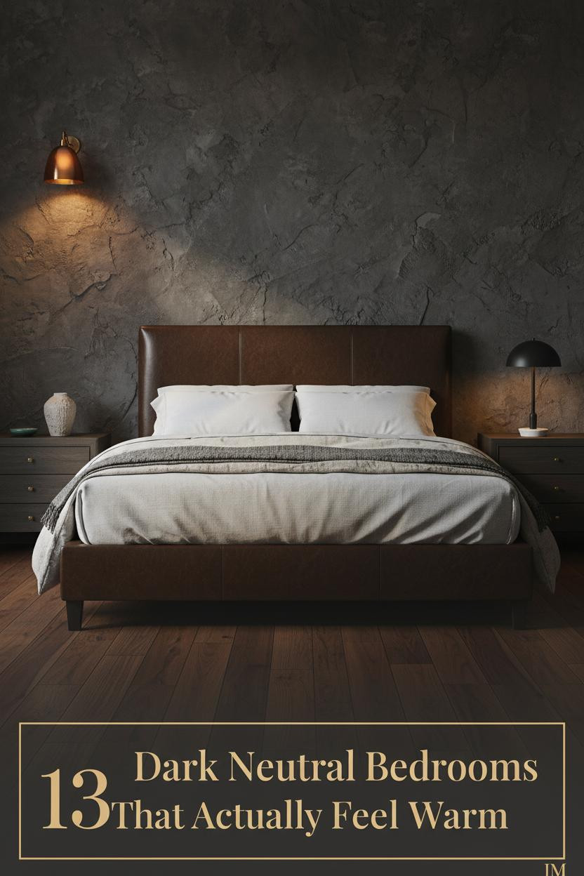 Moody minimalist bedroom with charcoal limewash plaster wall, walnut flooring, stone linen bedding, amber sconce, and raw ceramic vessel on nightstand