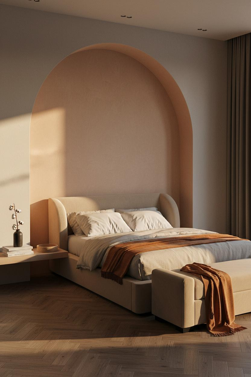 Dark Neutral Bedroom Moody Arch Lighting