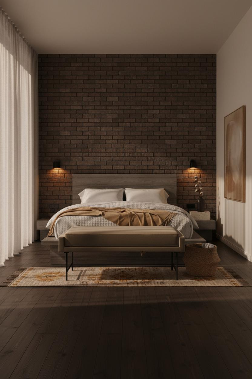 Dark Neutral Bedroom Moody Brick Accent