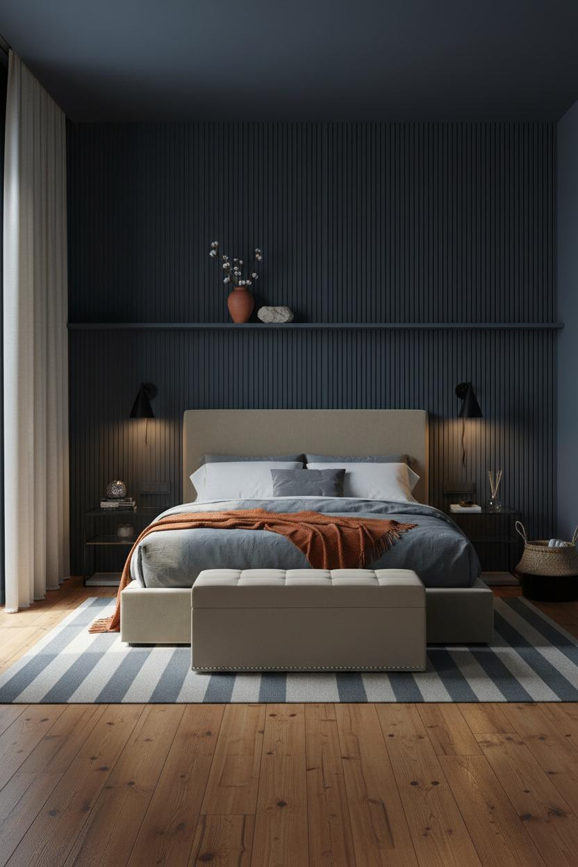 Dark Neutral Bedroom Moody Minimalist Charcoal Paneling
