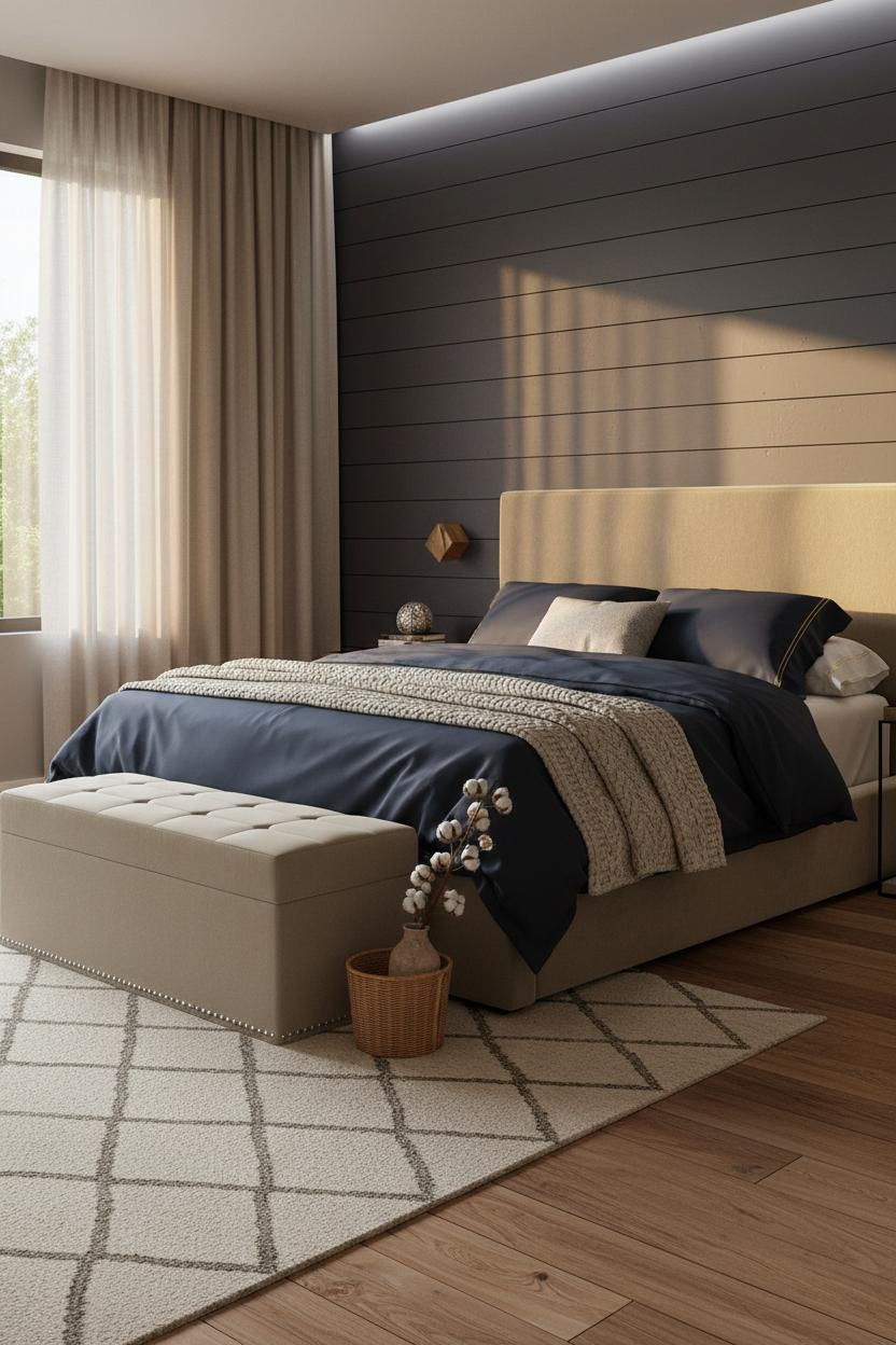 Dark Neutral Bedroom Moody Shiplap Headwall