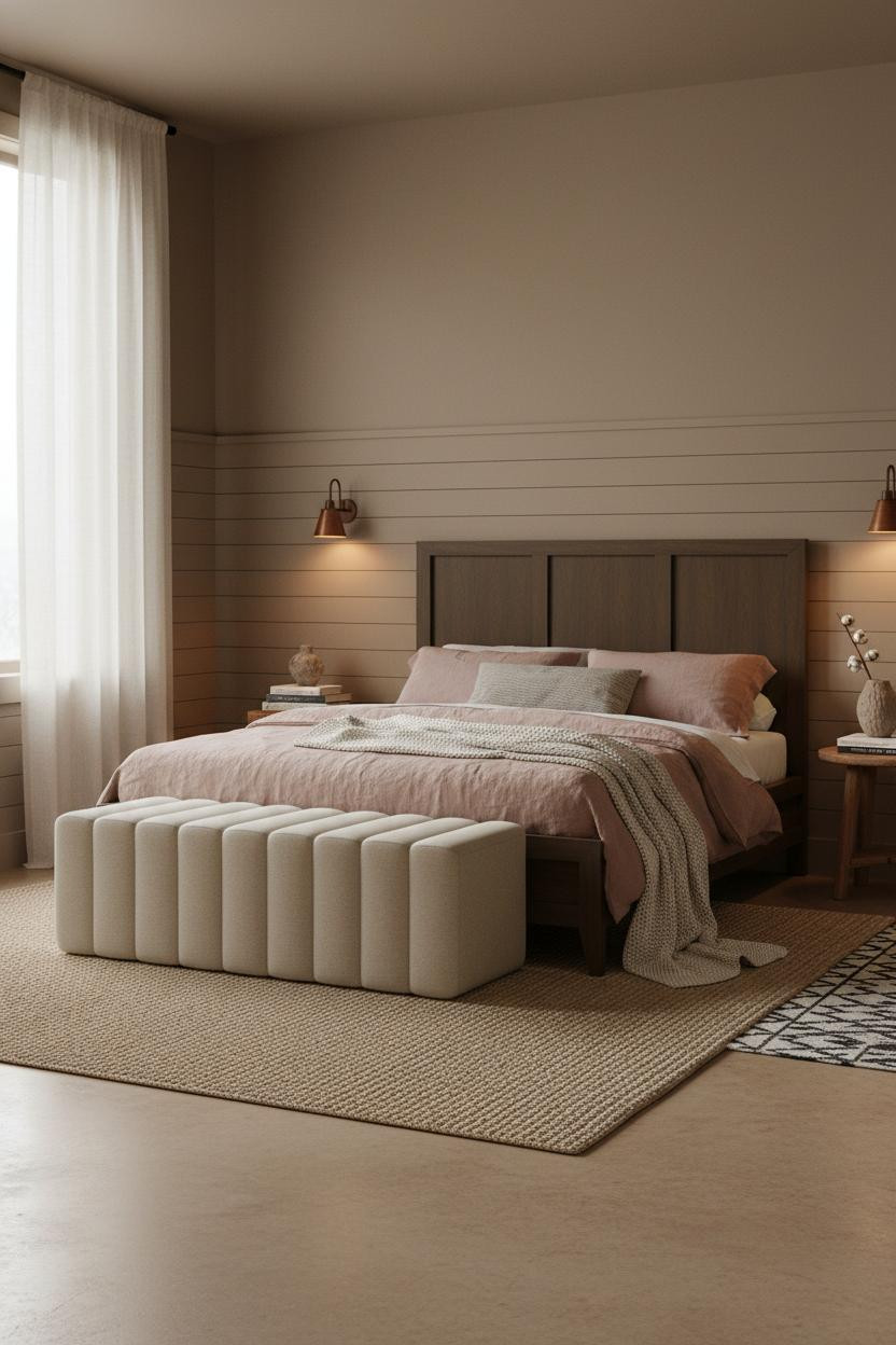 Dark Neutral Bedroom Moody Wainscoting Linen