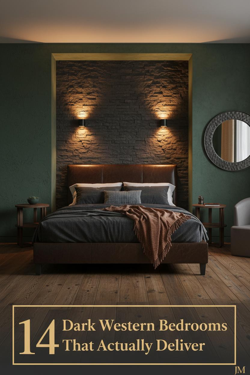 Dark western bedroom with slate alcove, espresso leather headboard, forest green plaster walls, rust throw, and amber sconce lighting