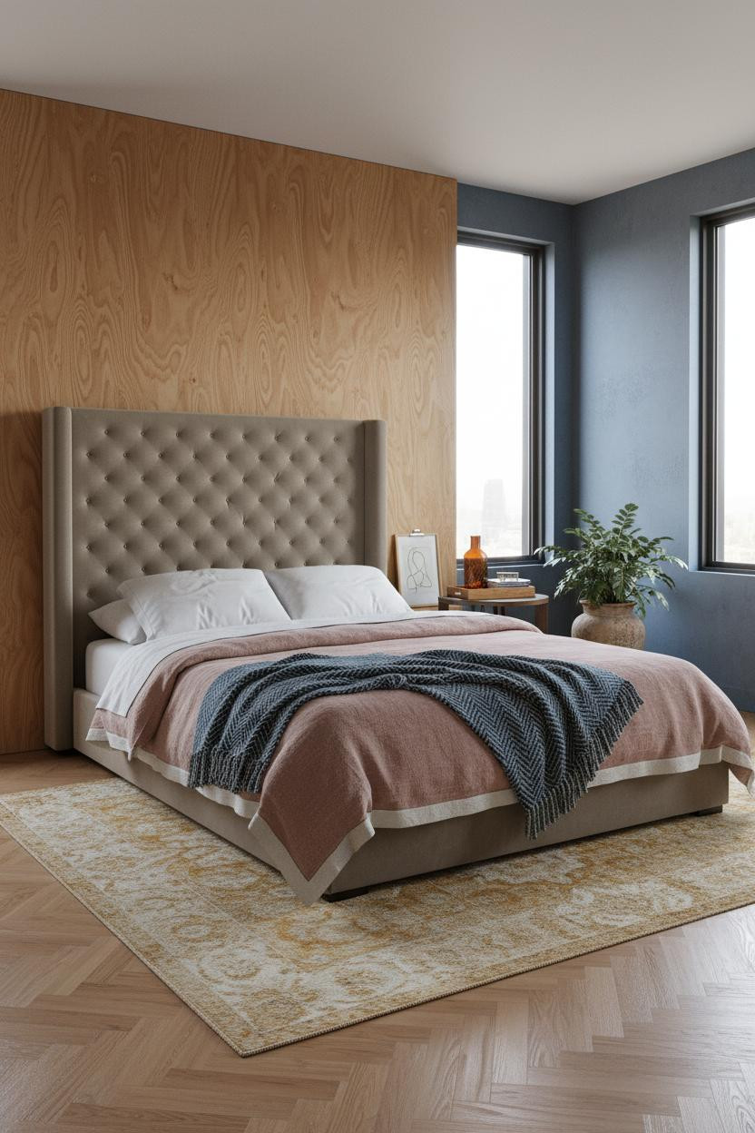Double Bed Curved Plywood Headboard Modern