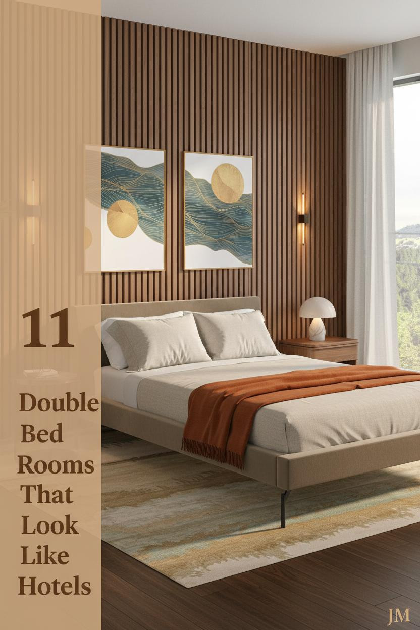 Walnut slat accent wall behind a double bed with oatmeal linen duvet, burnt orange throw, dark oak floors, and warm sconce lighting