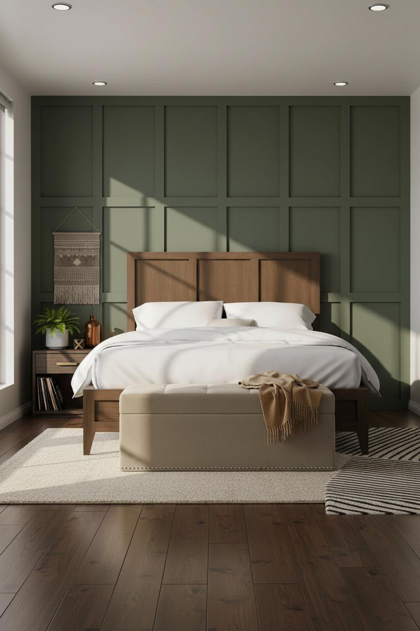 Double Bed Sage Accent Wall Wood Frame