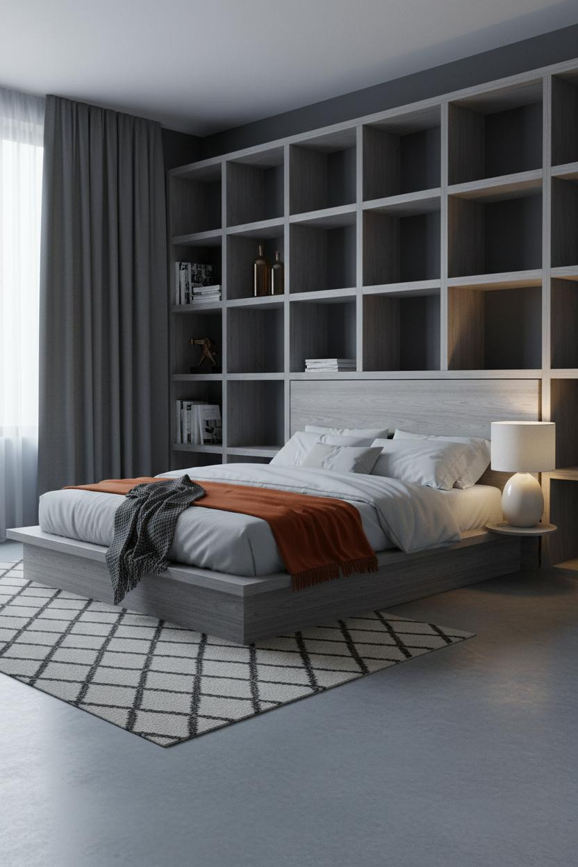 Double Bed Wood Frame Built In Headboard