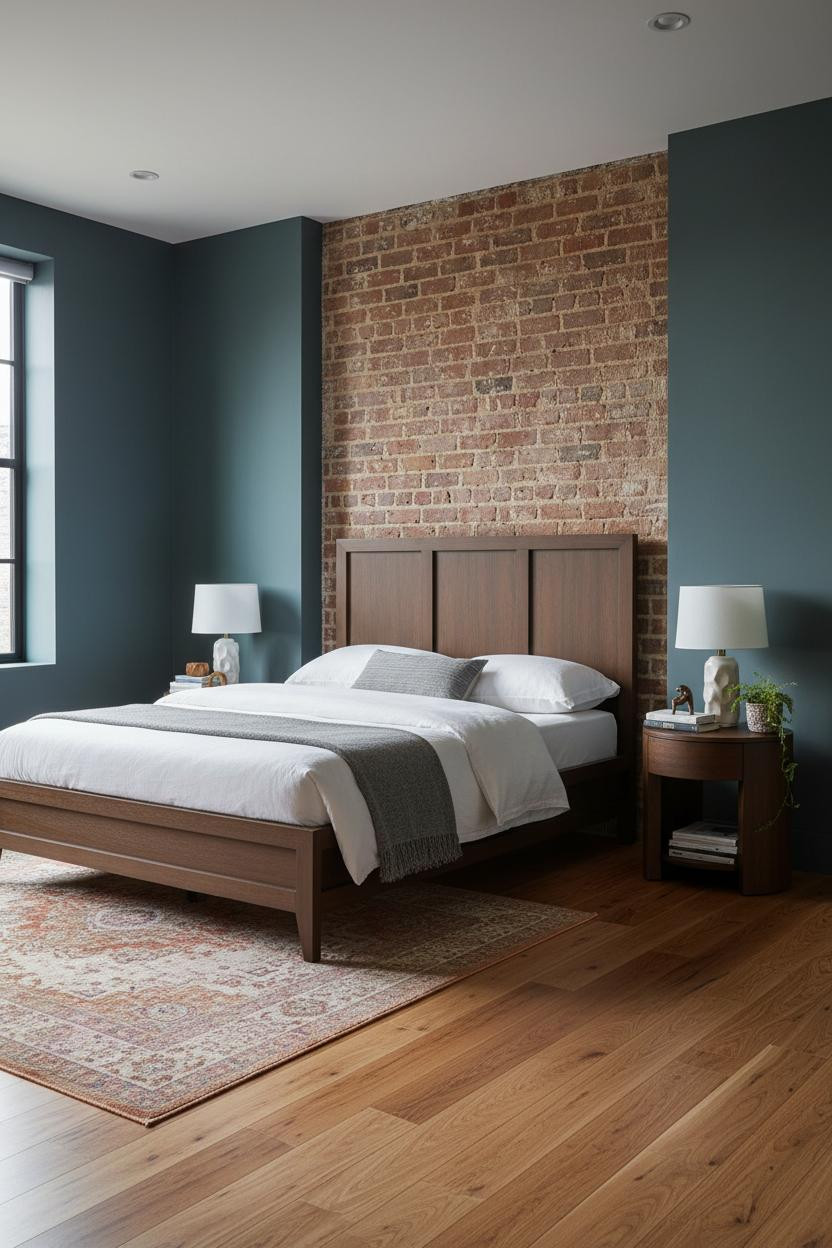 Double Bed Wood Frame Exposed Brick Modern