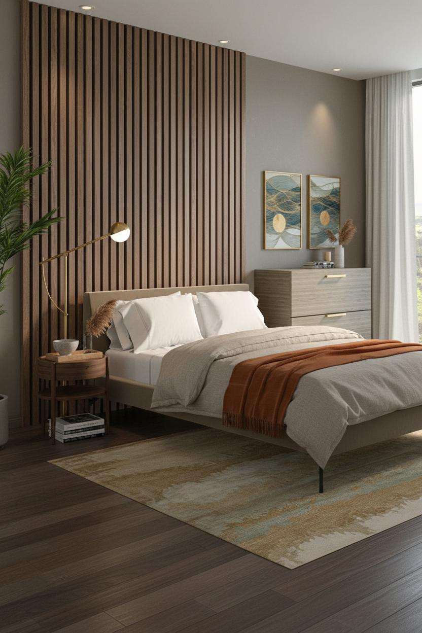 Double Bed Wood Headboard Modern Design