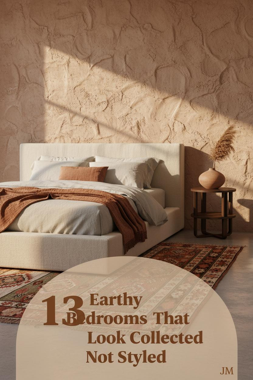 Warm earthy bedroom with clay plaster accent wall, oatmeal linen bedding, rust throw, vintage kilim rug, and dried pampas in matte vessel