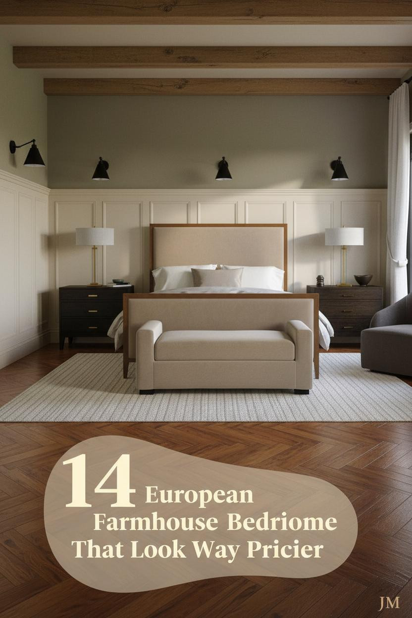 European farmhouse bedroom with dusty olive limewash walls, ivory wainscoting, oak beams, herringbone parquet floor, and layered linen bedding