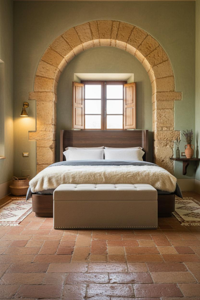 European Farmhouse Bedroom Stone Archway