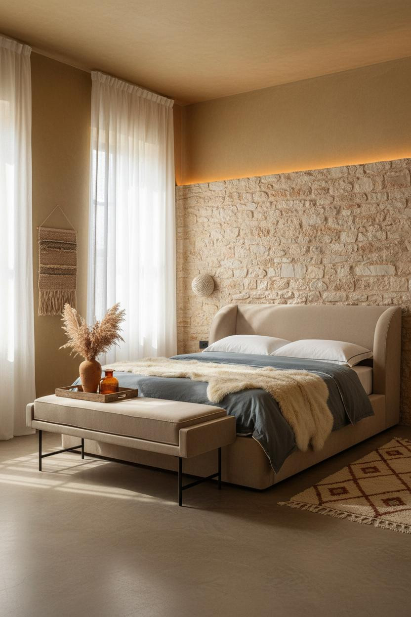 Farmhouse Bedroom Stone Accent Wall