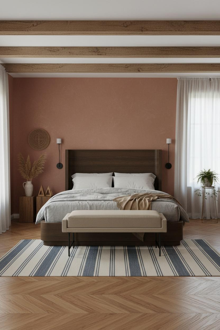 Farmhouse Bedroom Timber Beams Terracotta