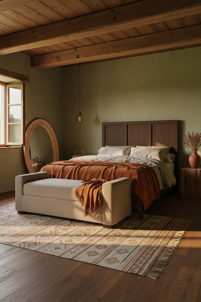 Farmhouse Bedroom Wood Beams Golden Light