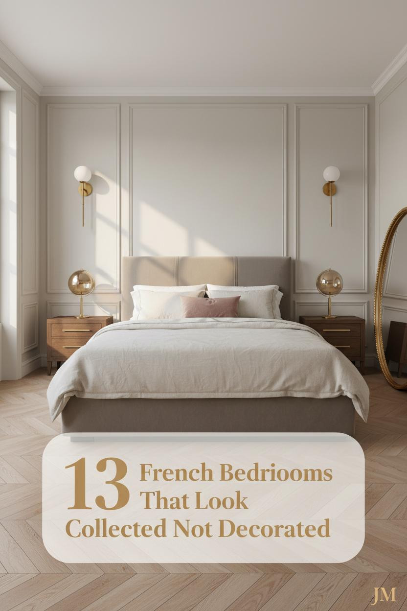 French classic bedroom with ivory recessed paneling, herringbone parquet, brass sconces, layered linen bedding, and gilt mirror accent