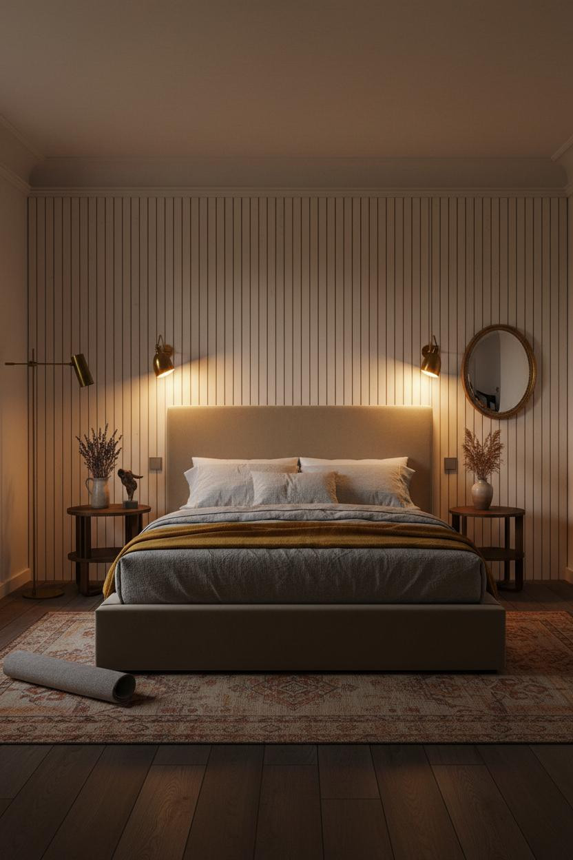 French Classic Bedroom Slatted Paneling Brass Sconces