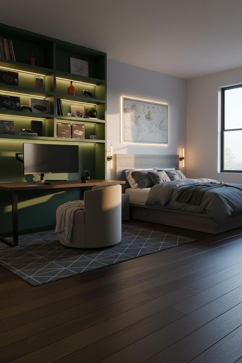 Gamer Bedroom Dark Green Gaming Desk Shelving