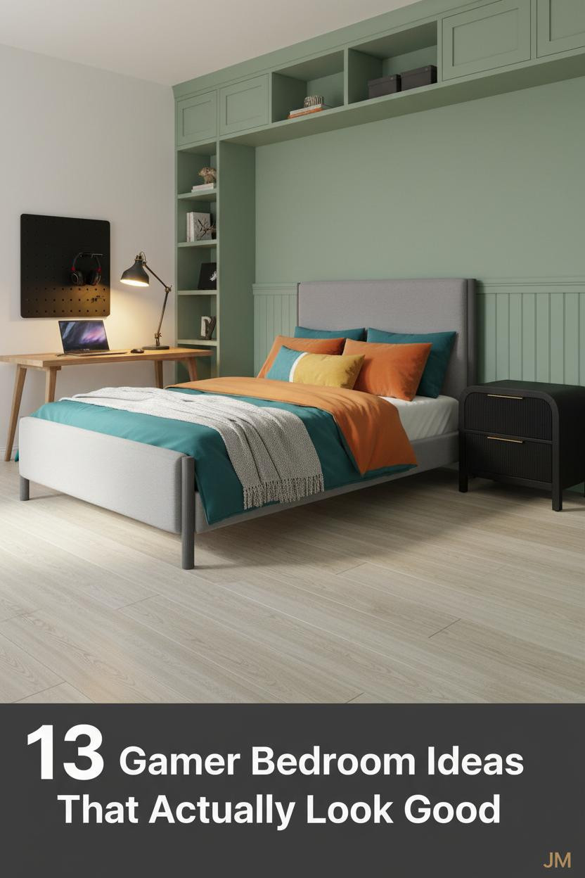 Teen gamer bedroom with sage green cubby wall, board-and-batten paneling, platform bed, colorful bedding, pegboard desk, and warm focused lamp