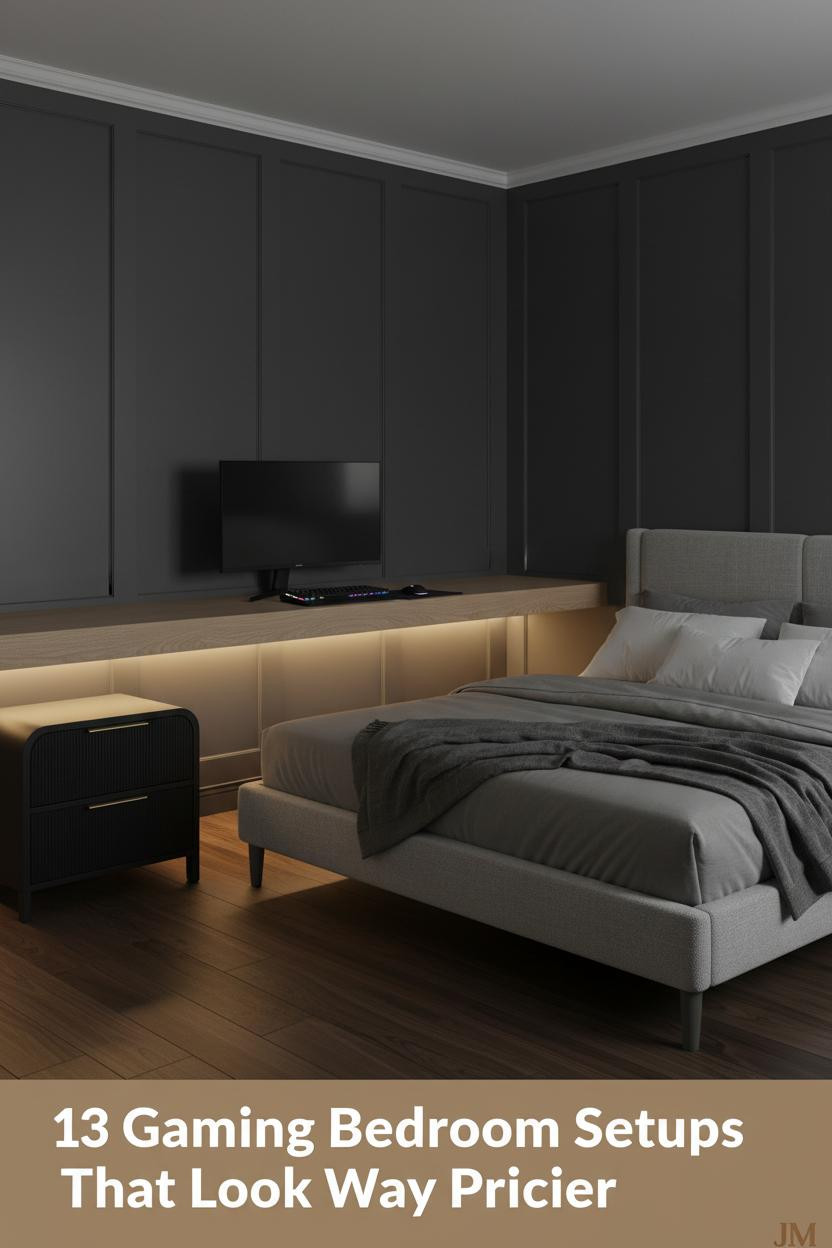 Compact gaming bedroom with charcoal board-and-batten wall, floating pale oak desk shelf, warm LED strip lighting, and low-profile platform bed