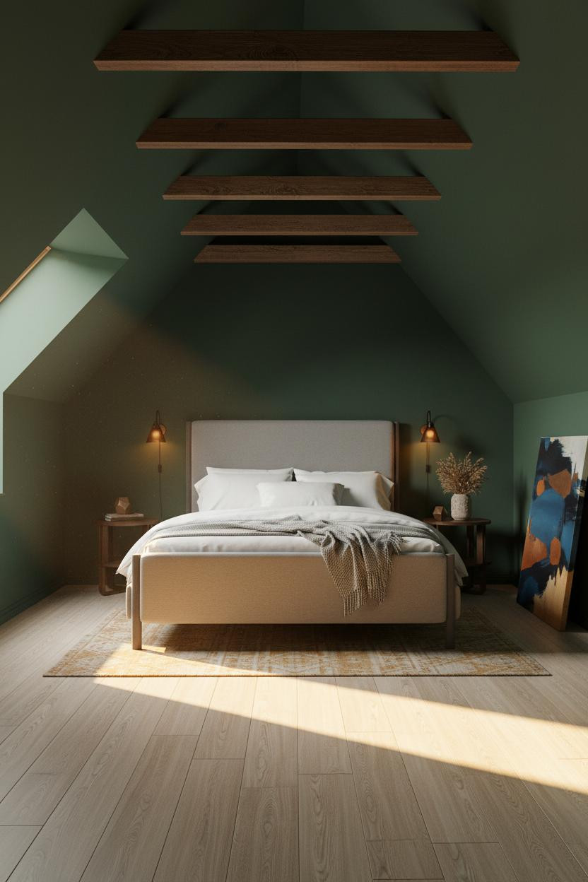 Green Bed Frame Attic Bedroom Eclectic