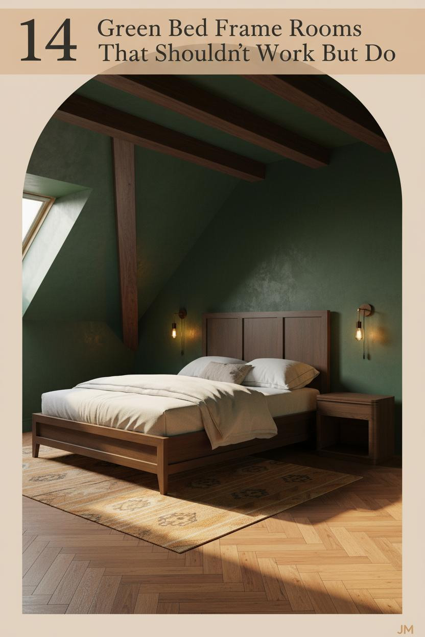 Attic bedroom with forest green limewash walls, walnut bed frame, ivory linen bedding, ochre kilim runner, and warm dormer light