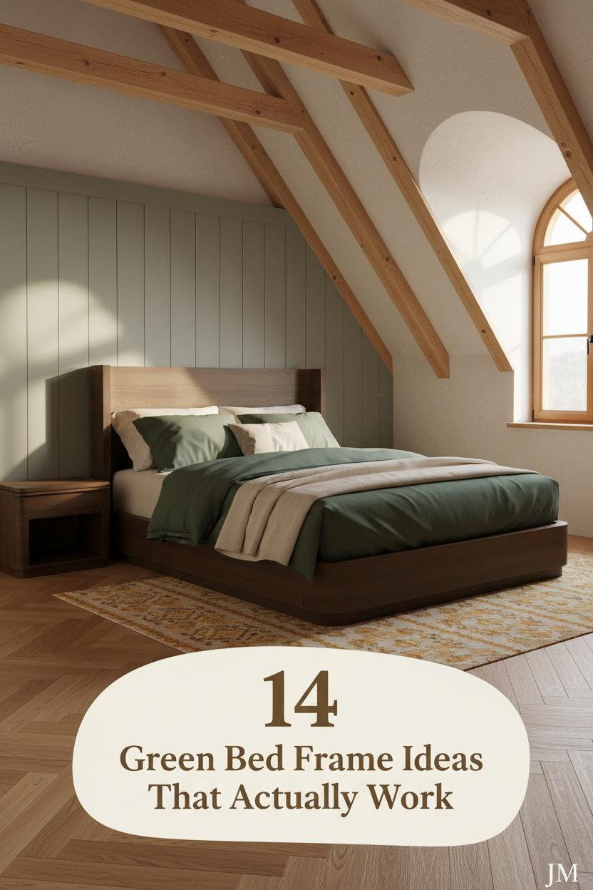 Attic bedroom with forest green linen bedding, sage grey board-and-batten wall, honey oak herringbone floors, and warm amber dormer light