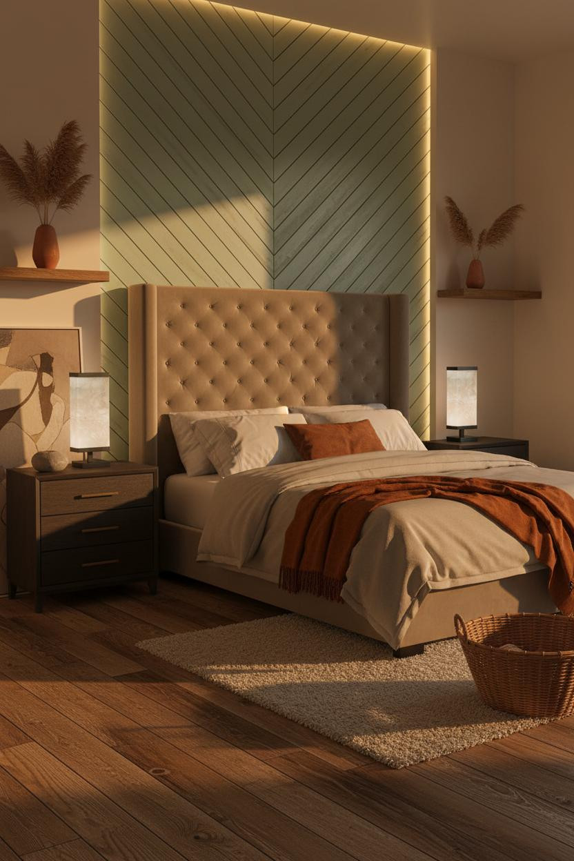 Green Earthy Bedroom Herringbone Wall Warm Lighting
