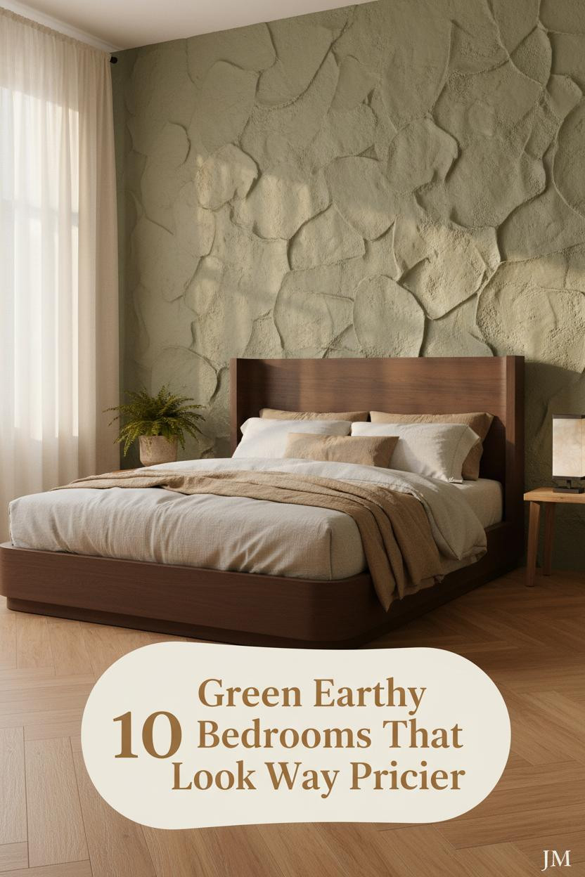 Sage plaster accent wall bedroom with honey oak herringbone floors, ivory linen bedding, taupe layers, clay planter fern, and amber afternoon light