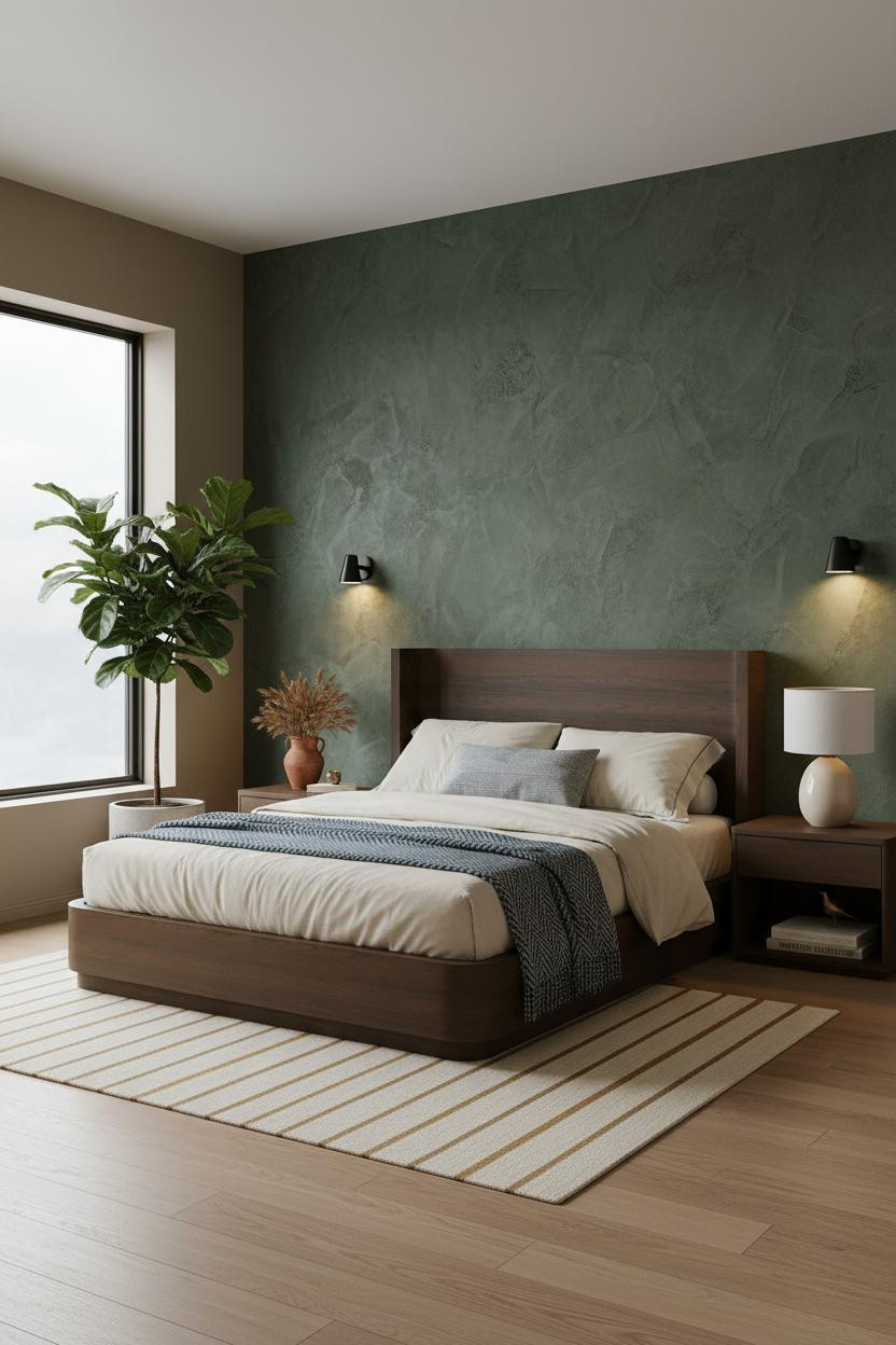 Green Earthy Bedroom Japandi Moss Plaster