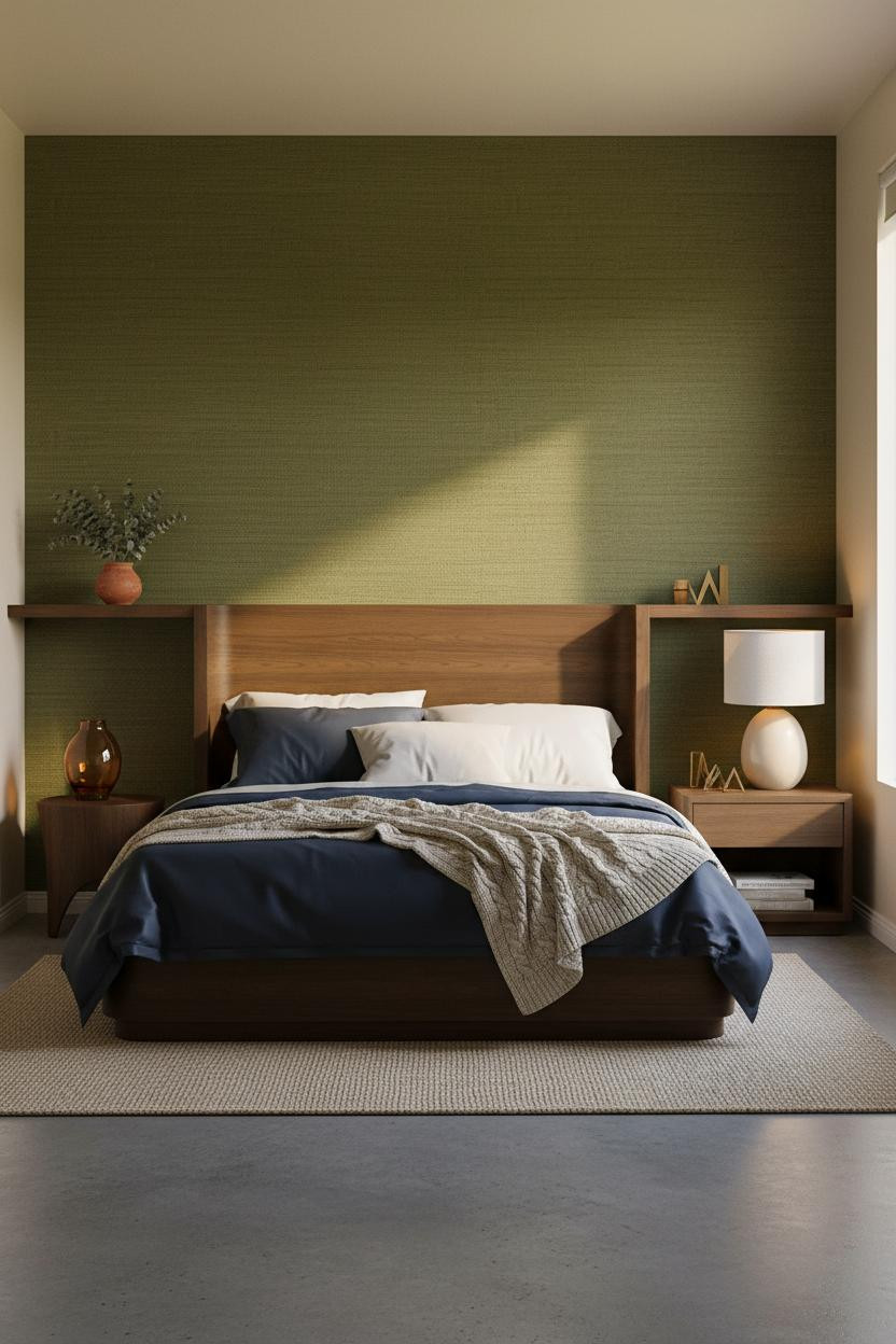 Green Earthy Bedroom Olive Grasscloth Accent