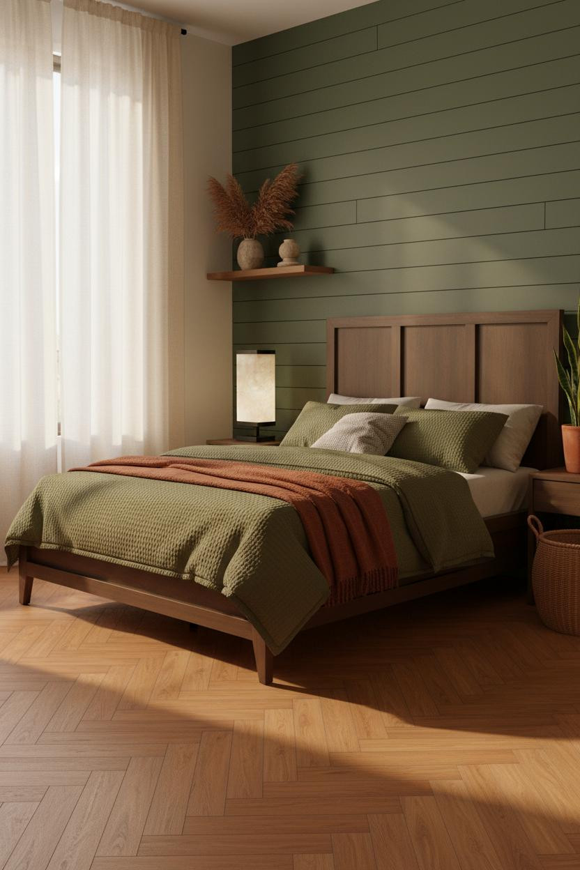 Green Earthy Bedroom Sage Shiplap Warm Light