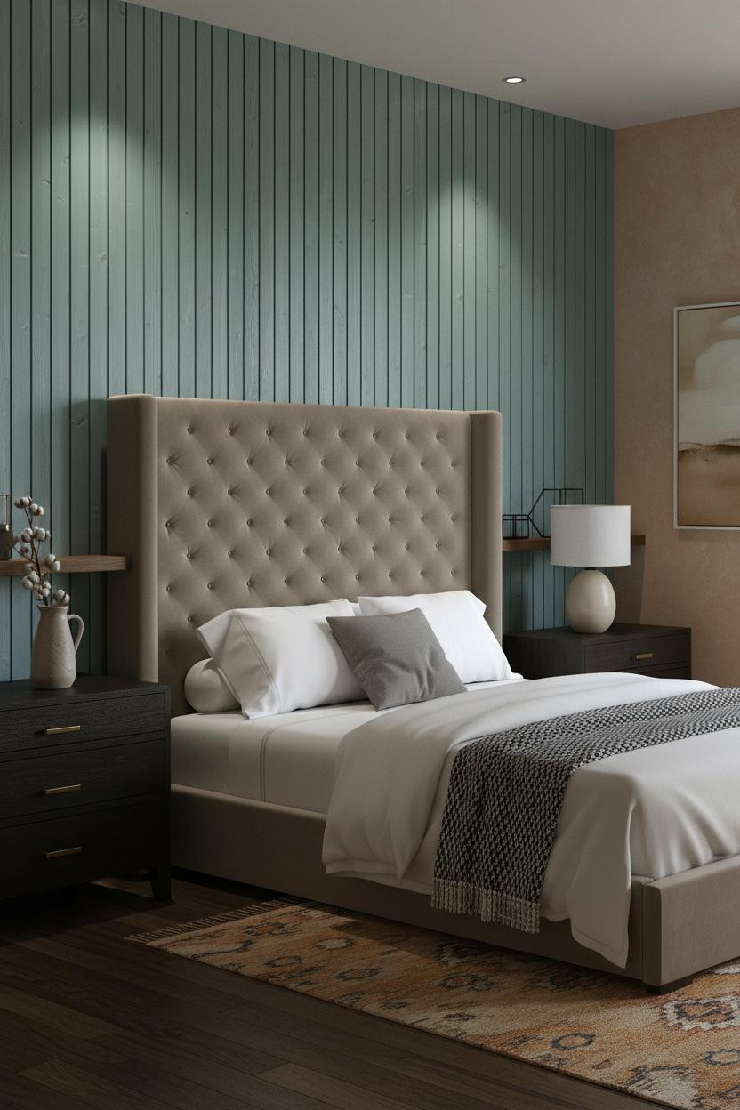 Green Earthy Bedroom Slatted Wood Accent