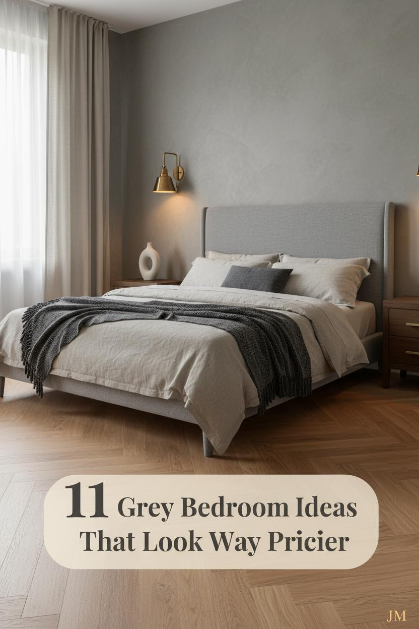 Greige limewash headboard wall with honey oak herringbone floors, brass sconce, oatmeal linen bedding, and charcoal throw in a warm bedroom
