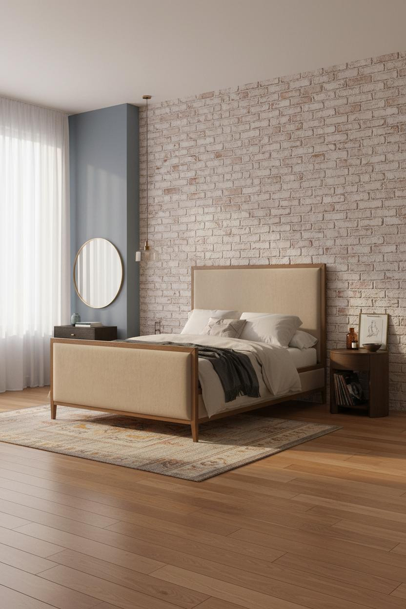 Grey Bed Frame Brick Accent Bedroom
