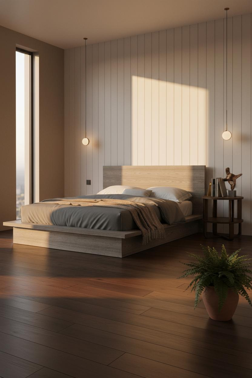 Grey Bed Frame Japandi Bedroom Design