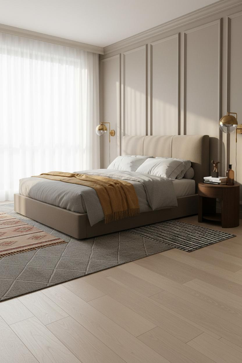 Grey Bed Frame Wainscoting Bedroom