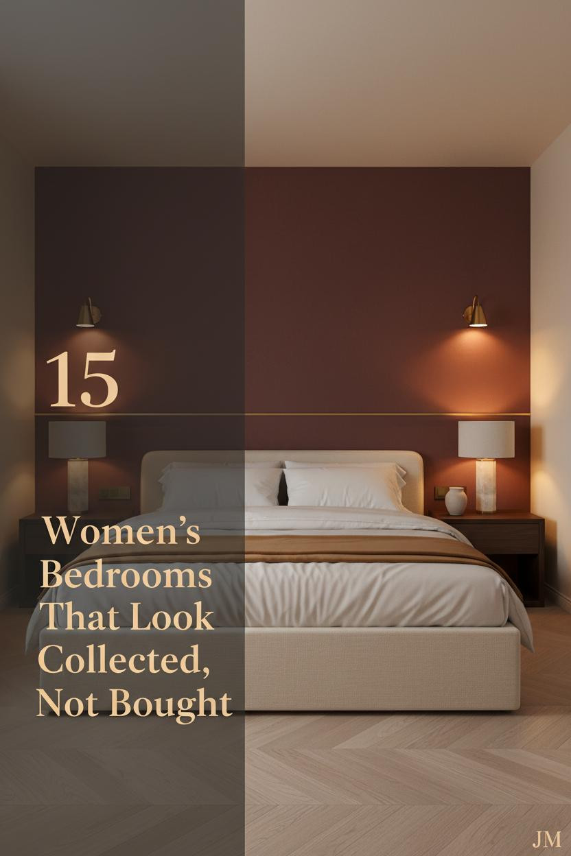 Luxury women's bedroom with burgundy plaster wall, brass sconces, ivory bouclé bedding, camel throw, and walnut nightstand in warm amber light