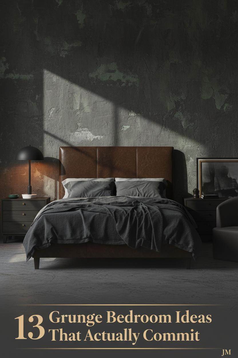 Dark grunge bedroom with charcoal plaster accent wall, amber floor lamp, layered dark linen bedding, concrete floors, and leaned canvas art