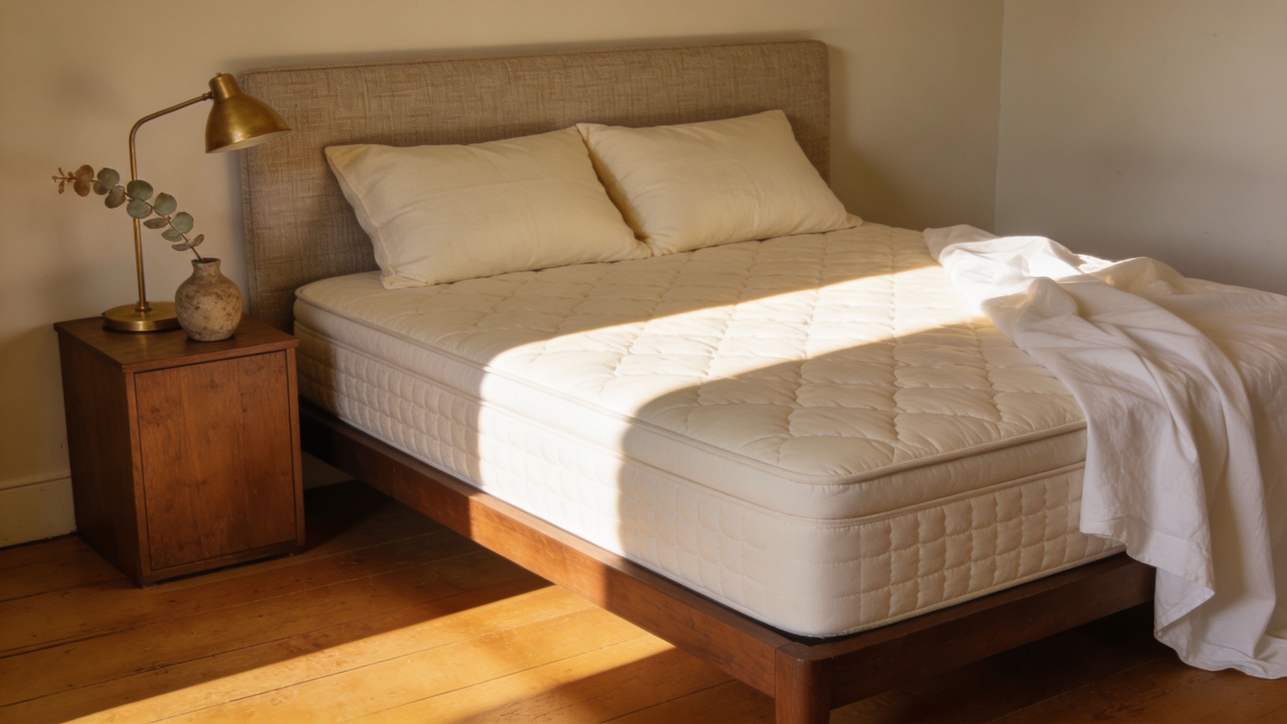 Saatva Classic luxury hybrid mattress on a walnut platform bed in a sunlit bedroom — best mattress 2026