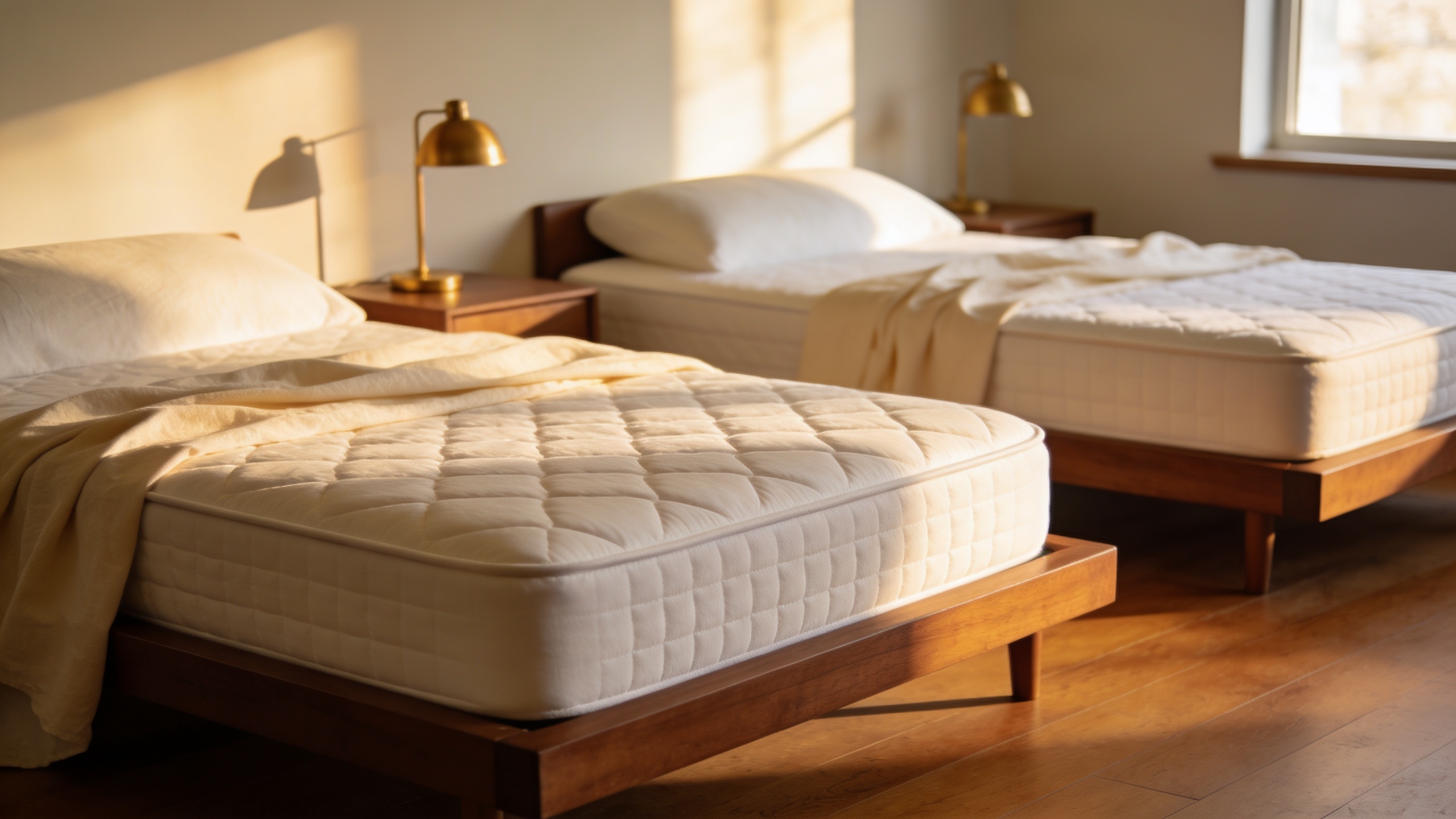 Two memory foam mattresses on walnut platforms — Saatva Loom & Leaf vs Tempur-Cloud 2026