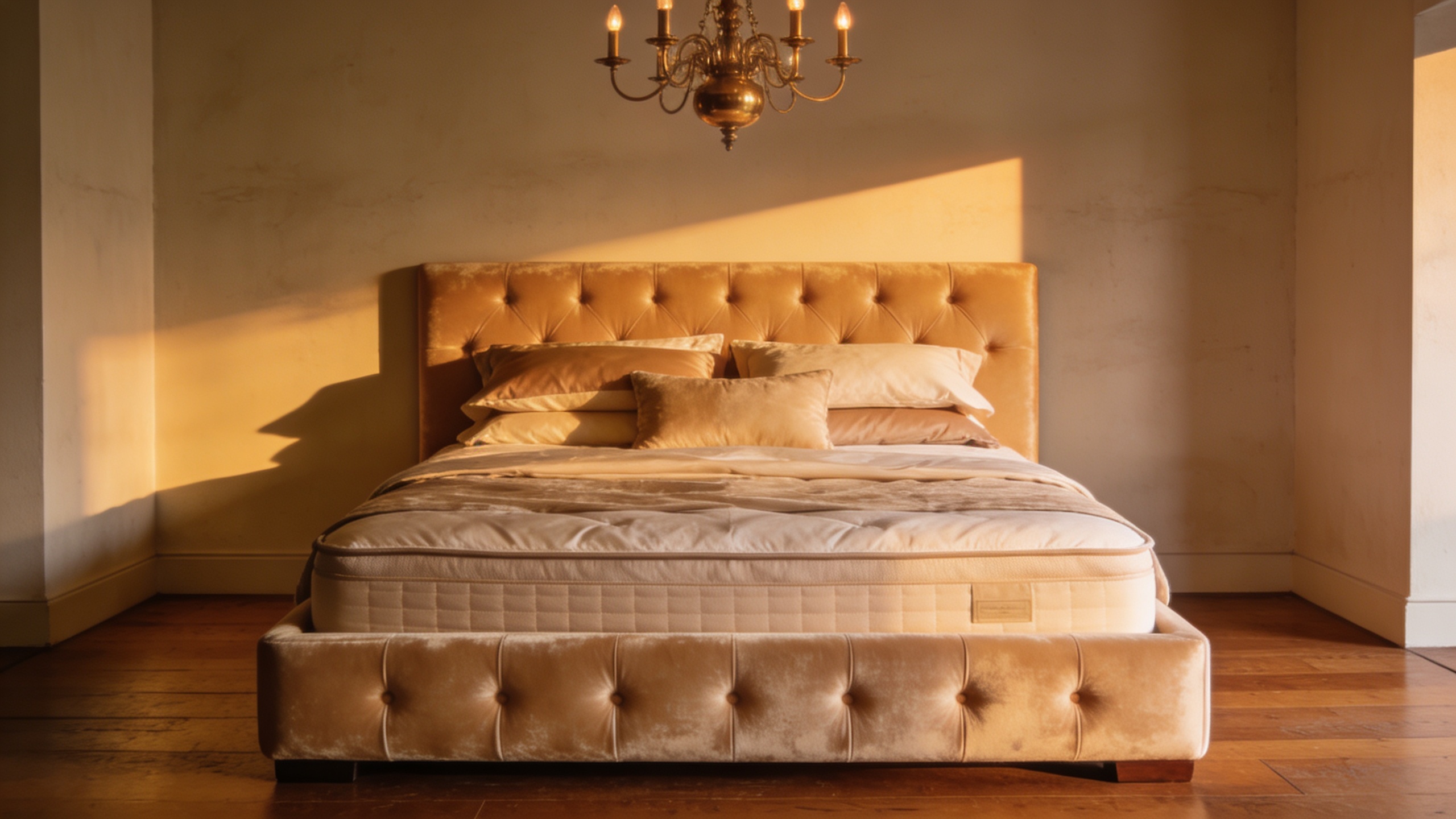 Saatva on tufted champagne velvet upholstered bed — Saatva Classic vs Beautyrest Black 2026