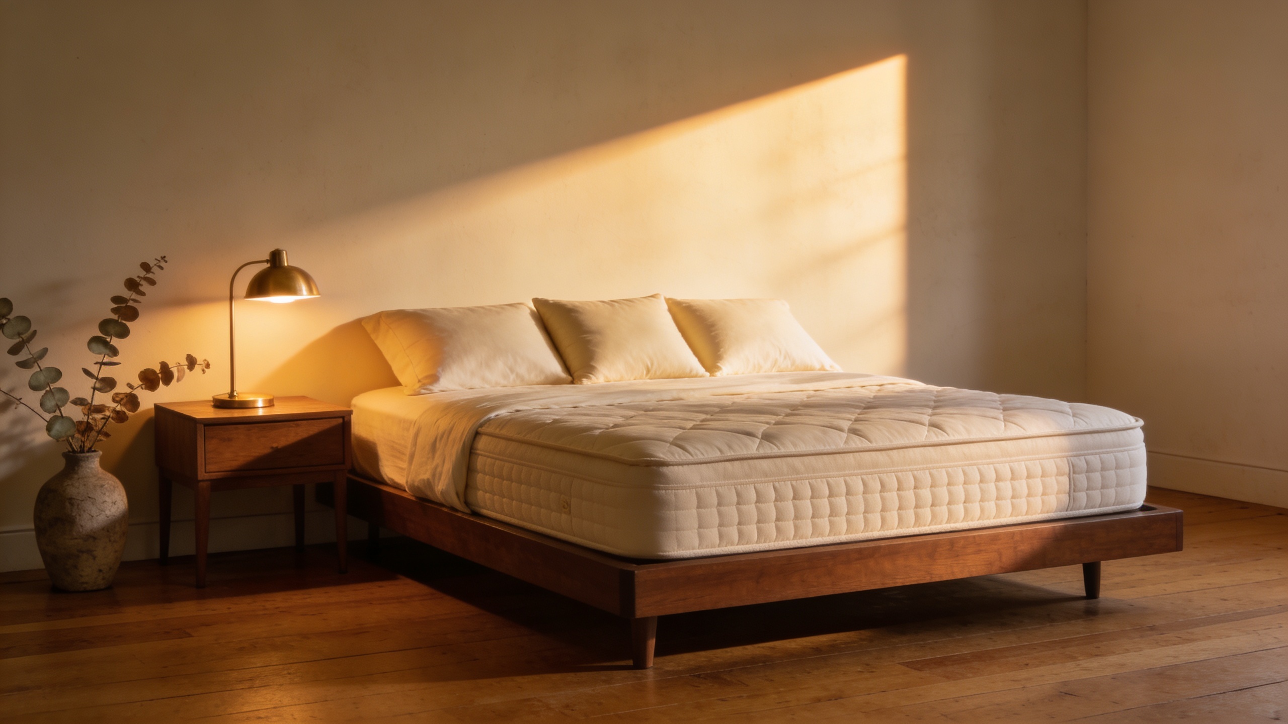 Sunlit luxury bedroom with quilted hybrid mattress and brass lamp — World Sleep Almanac 4-axis methodology