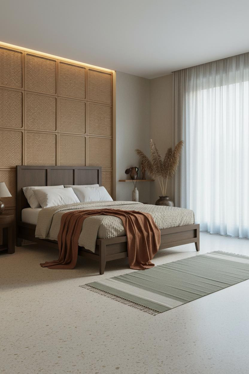 Indochine Bedroom Rattan Headwall Terrazzo