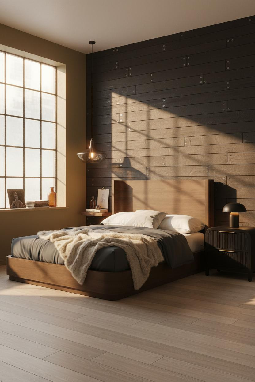 Industrial Chic Bedroom Blackened Wood Accent