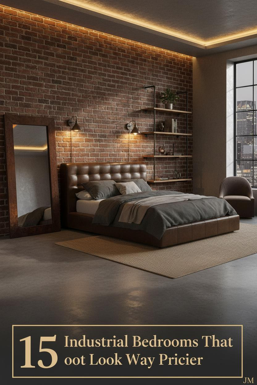 Dark industrial bedroom with exposed brick wall, iron pipe shelving, charcoal linen bedding, jute rug, oxidized steel mirror, and warm amber sconce lighting