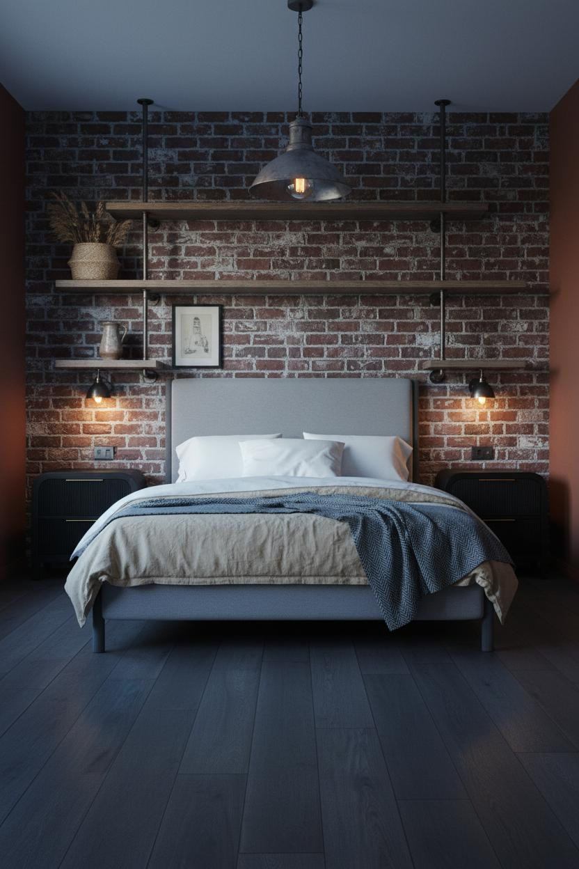 Industrial Chic Bedroom Exposed Brick Metal Shelving