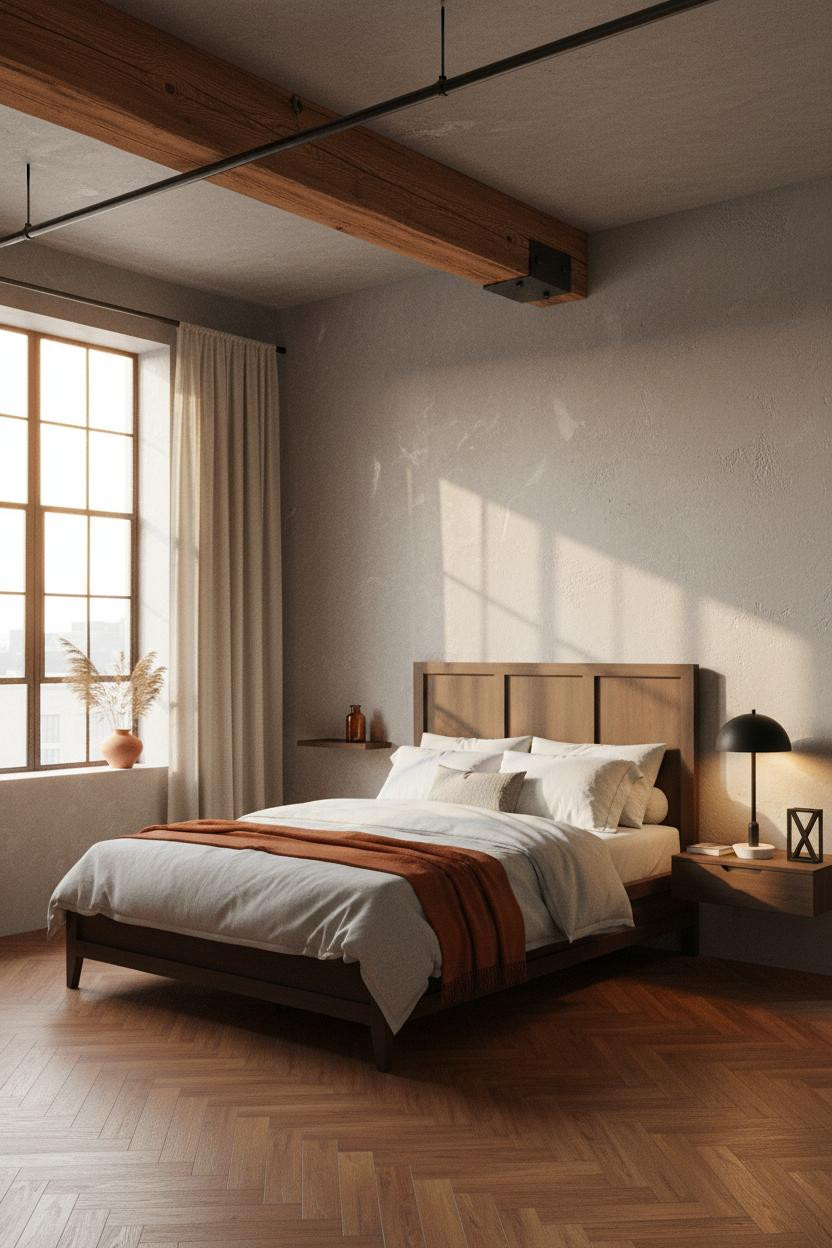 Industrial Chic Bedroom Reclaimed Beam Window